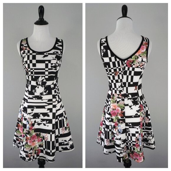 Neiman Marcus Black White Pink Floral Sleeveless Stretch A-Line Dress Size XS - Picture 1 of 4